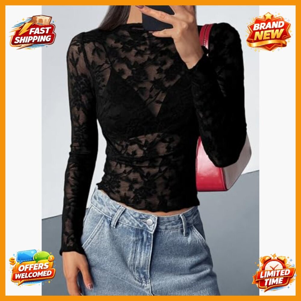 Mesh Long Sleeve Lace Top Sheer Slim Fit Crew Neck Party Club - Picture 2 of 7